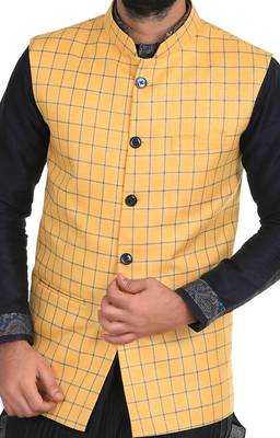 Yellow Jute Printed Nehru Style Jacket 4