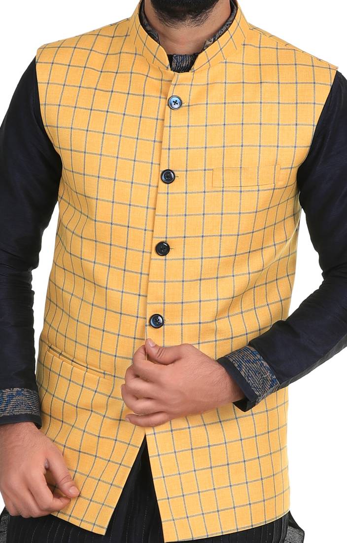 Yellow Jute Printed Nehru Style Jacket