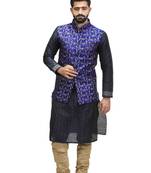 Blue Dupion Silk Printed Nehru Style Jacket