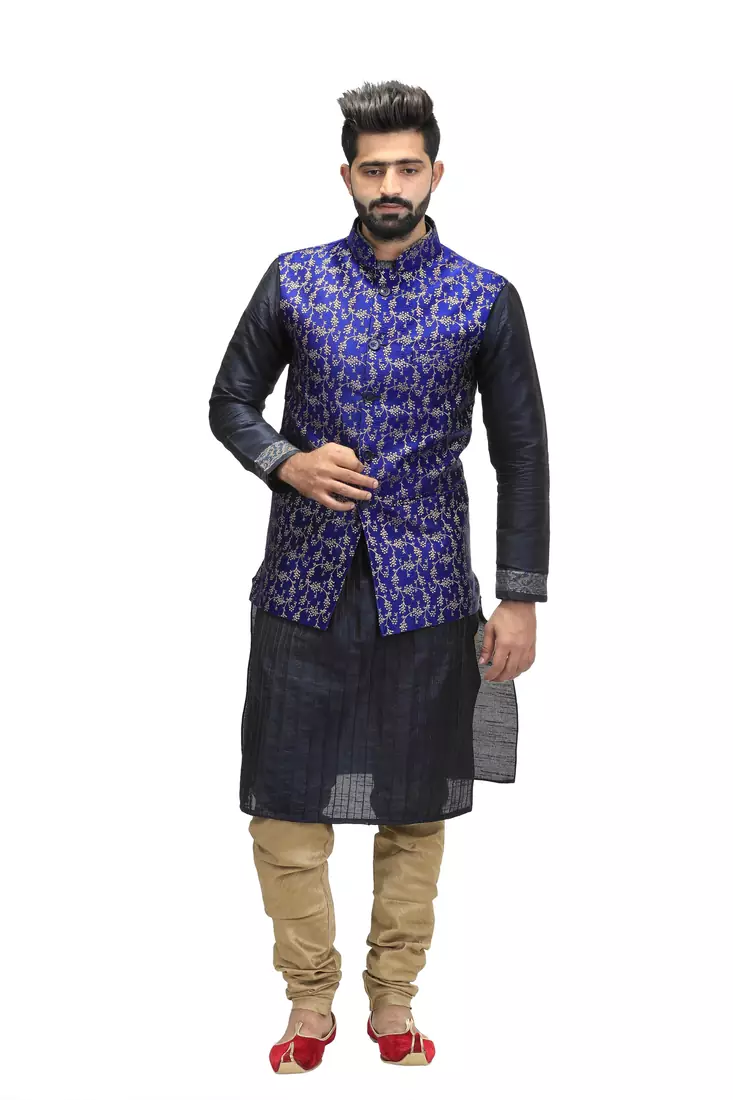 Blue Dupion Silk Printed Nehru Style Jacket