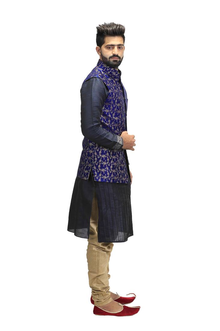 Blue Dupion Silk Printed Nehru Style Jacket