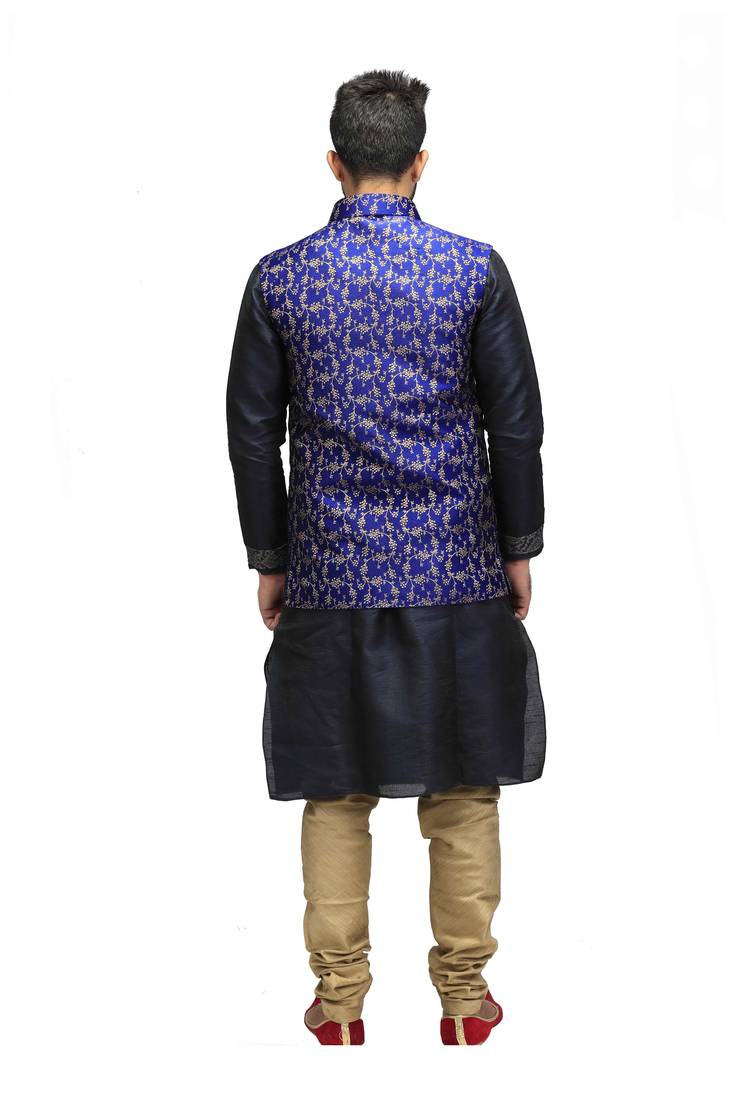 Blue Dupion Silk Printed Nehru Style Jacket