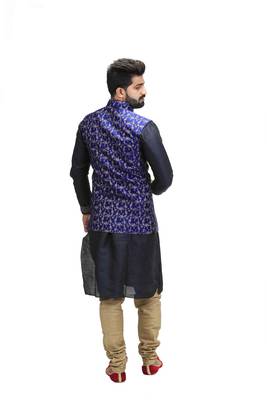 Blue Dupion Silk Printed Nehru Style Jacket 4