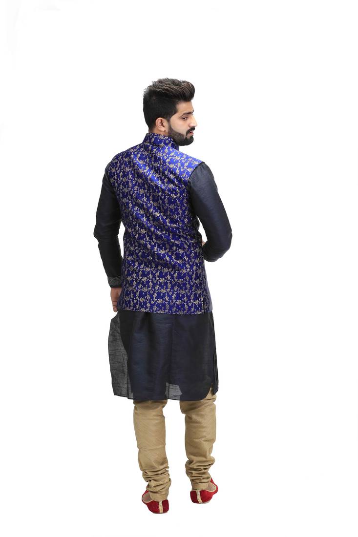 Blue Dupion Silk Printed Nehru Style Jacket