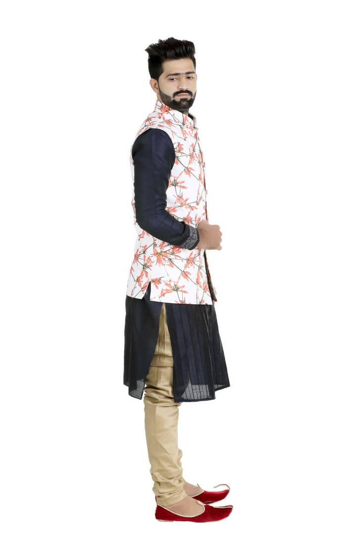 White Jute Printed Nehru Style Jacket