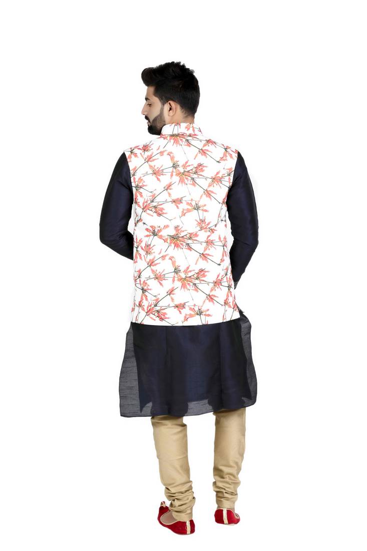 White Jute Printed Nehru Style Jacket