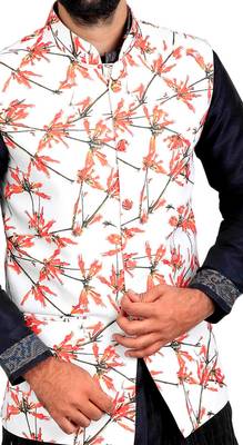 White Jute Printed Nehru Style Jacket 4
