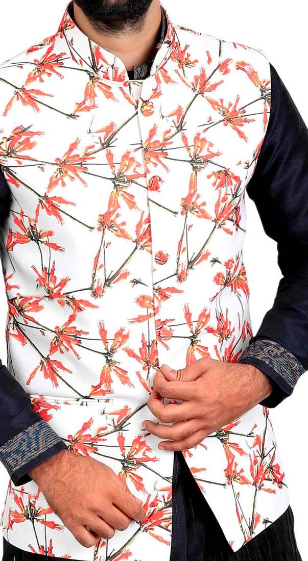 White Jute Printed Nehru Style Jacket