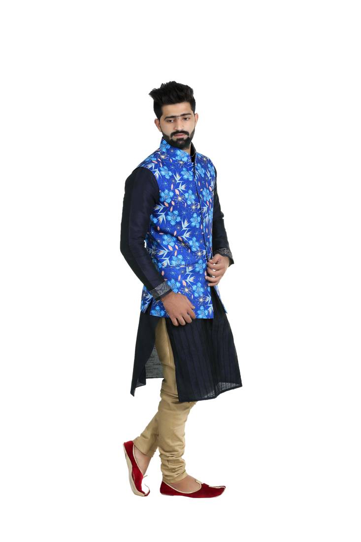 Blue Jute Printed Nehru Style Jacket