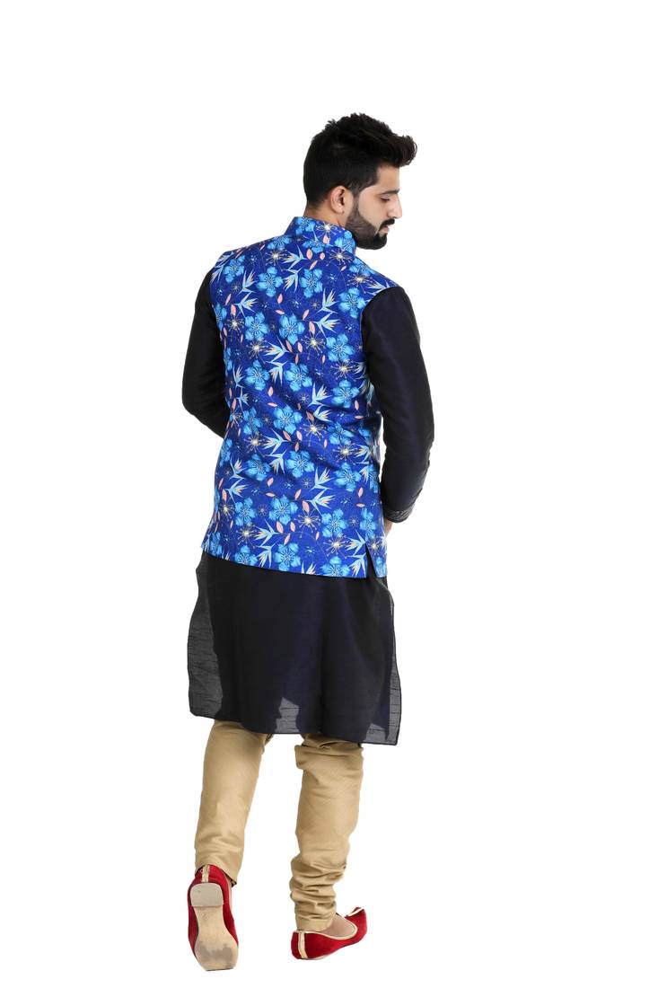 Blue Jute Printed Nehru Style Jacket