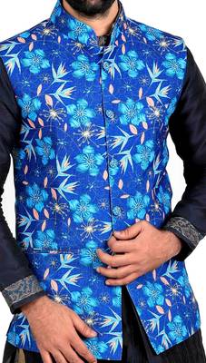 Blue Jute Printed Nehru Style Jacket 4