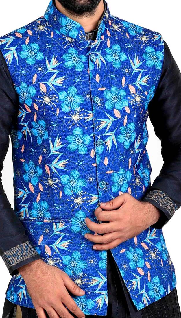 Blue Jute Printed Nehru Style Jacket
