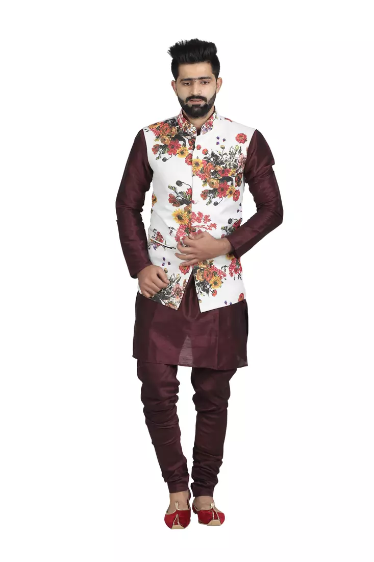 White Jute Printed Nehru Style Jacket