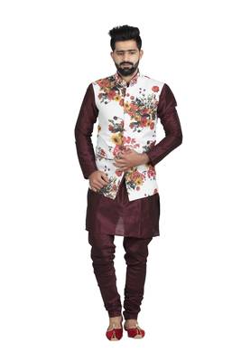 White Jute Printed Nehru Style Jacket 1