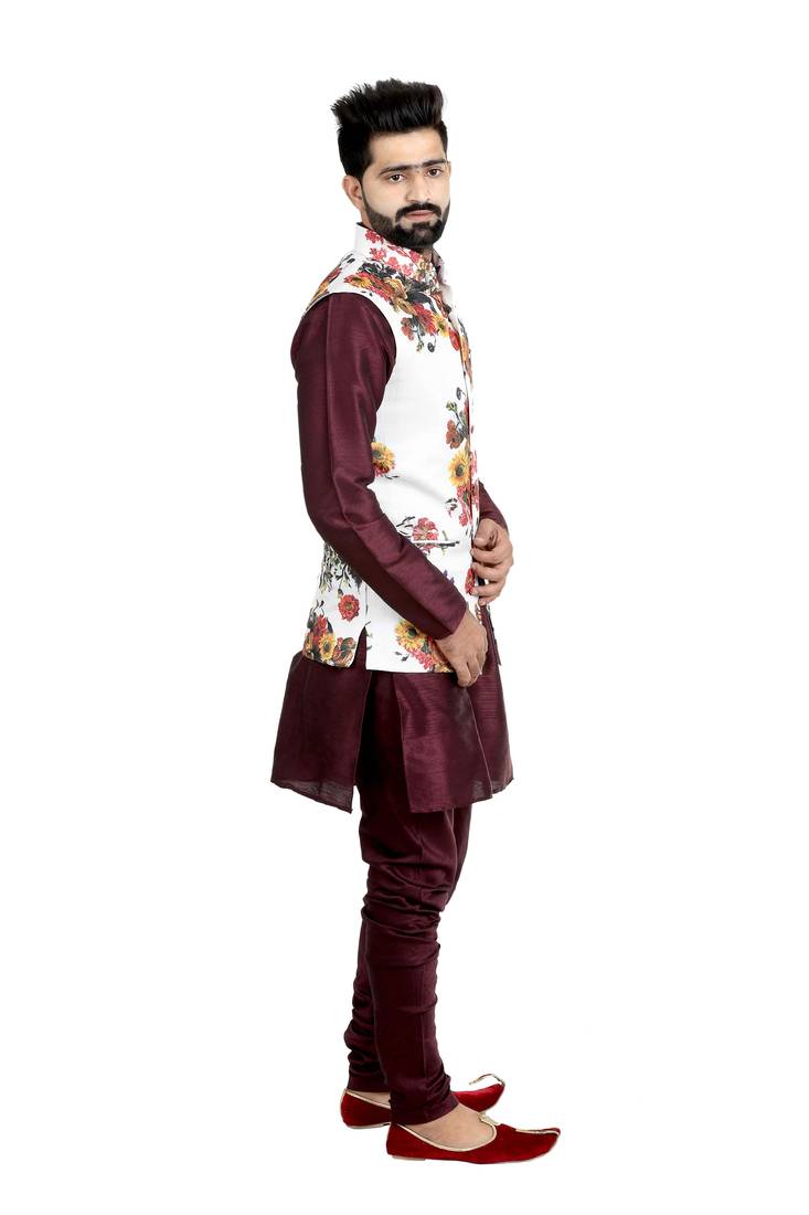 White Jute Printed Nehru Style Jacket