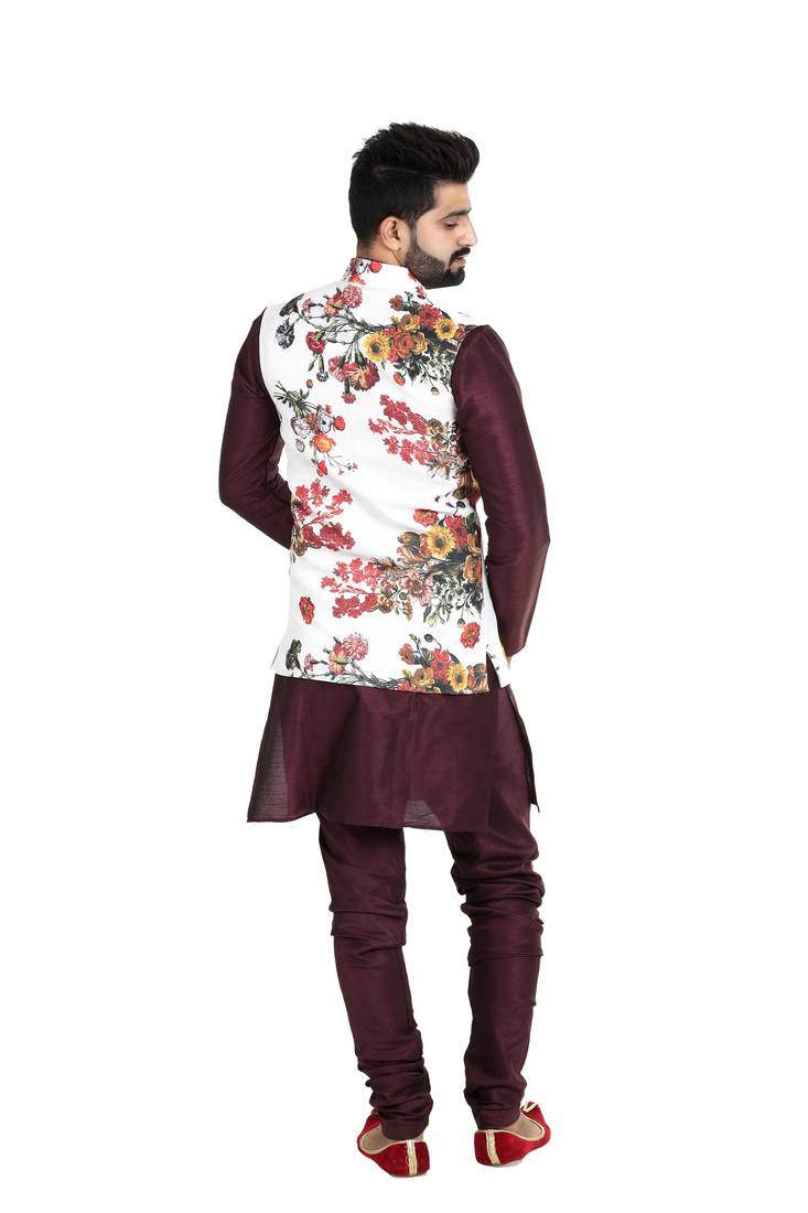 White Jute Printed Nehru Style Jacket
