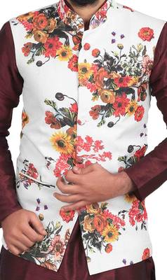 White Jute Printed Nehru Style Jacket 4