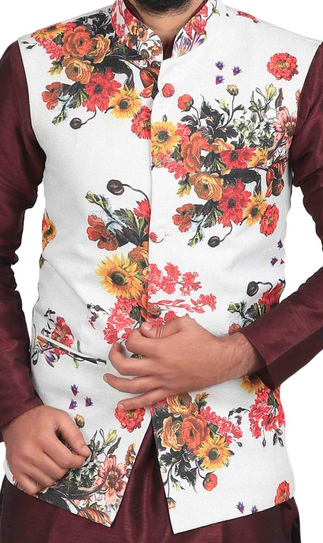 White Jute Printed Nehru Style Jacket