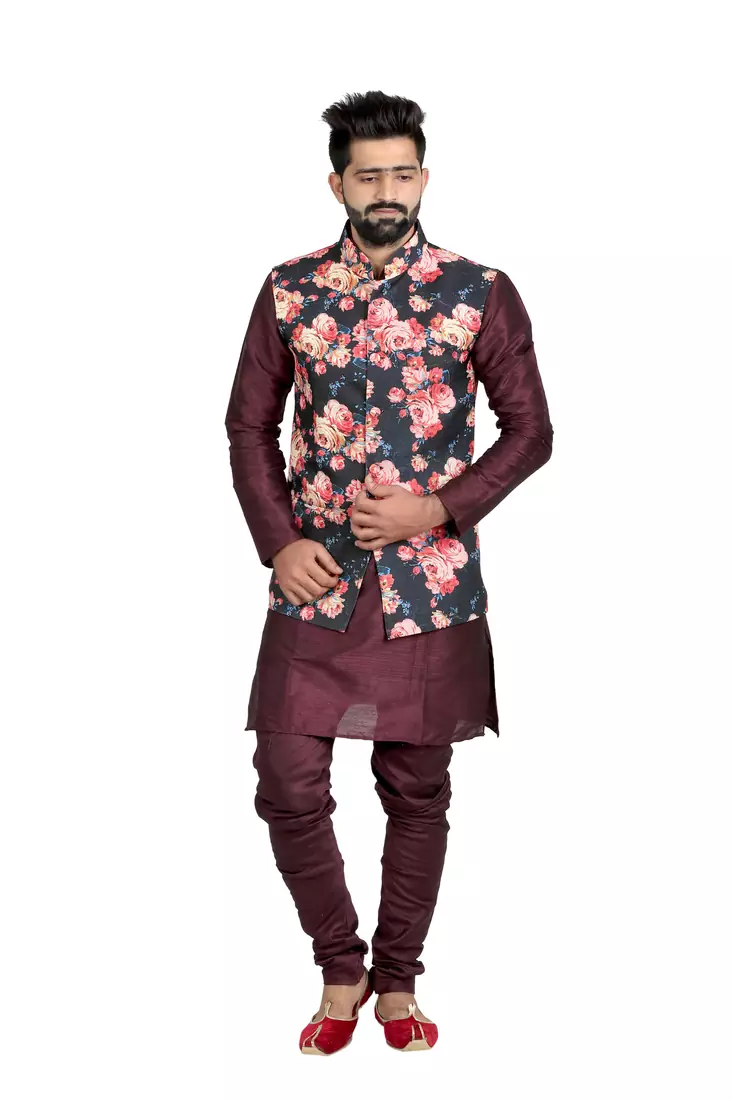 Black Jute Printed Nehru Style Jacket
