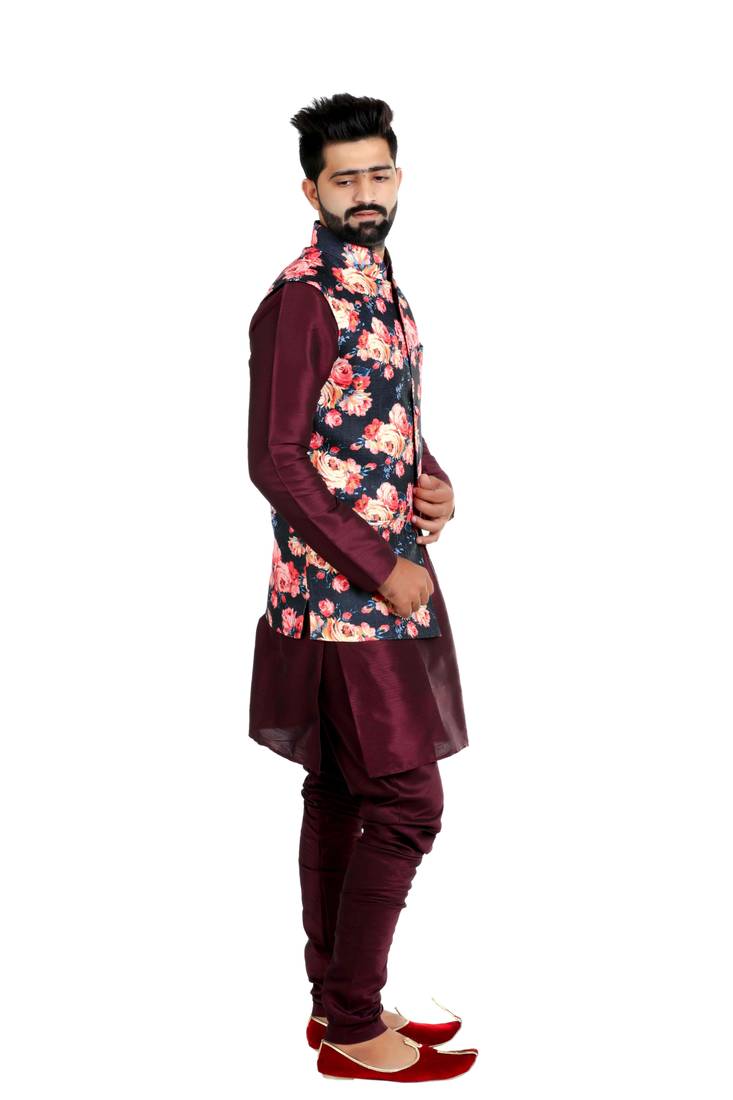 Black Jute Printed Nehru Style Jacket