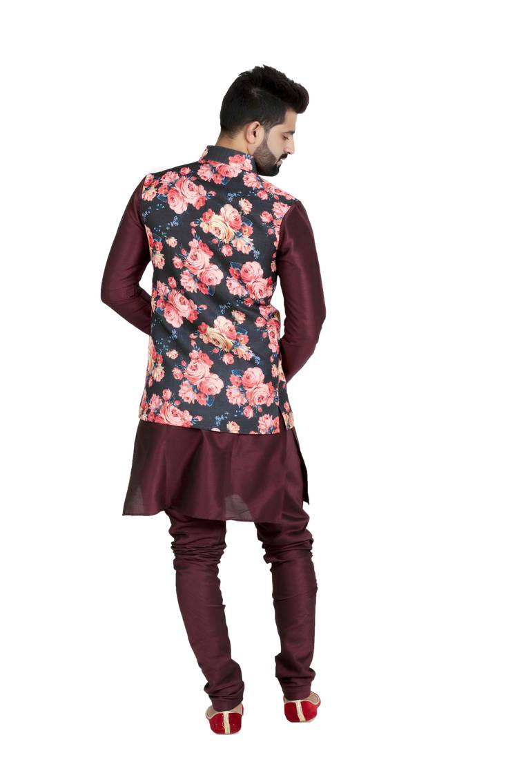 Black Jute Printed Nehru Style Jacket