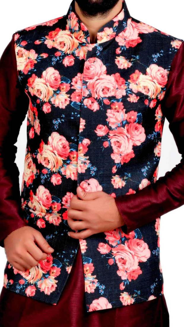 Black Jute Printed Nehru Style Jacket