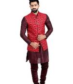 Red Dupion Silk Printed Nehru Style Jacket