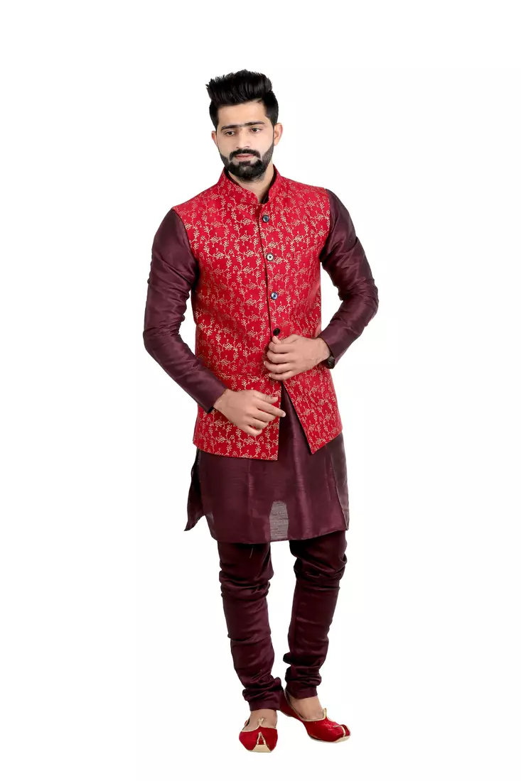 Red Dupion Silk Printed Nehru Style Jacket