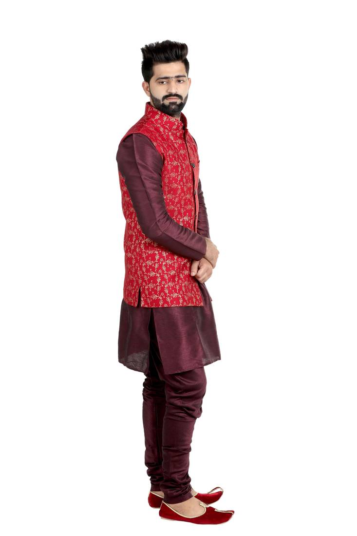 Red Dupion Silk Printed Nehru Style Jacket
