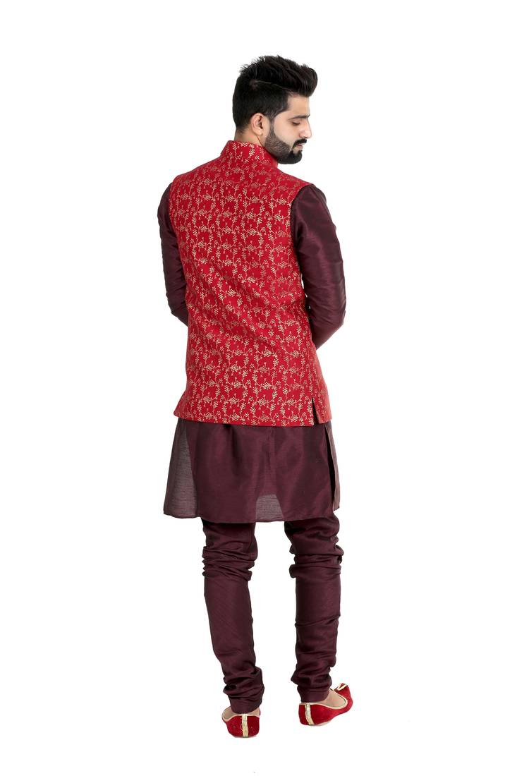 Red Dupion Silk Printed Nehru Style Jacket