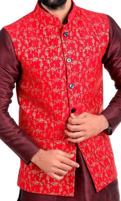 Red Dupion Silk Printed Nehru Style Jacket 4