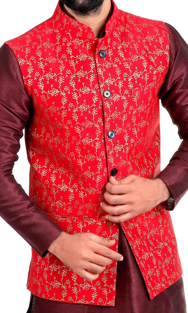 Red Dupion Silk Printed Nehru Style Jacket