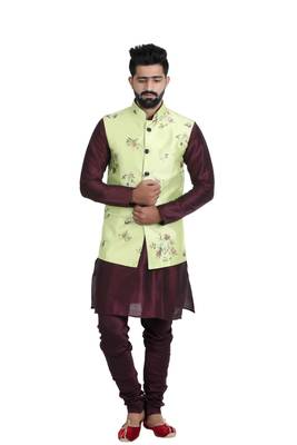 Green Satin Printed Nehru Style Jacket 1