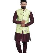 Green Satin Printed Nehru Style Jacket