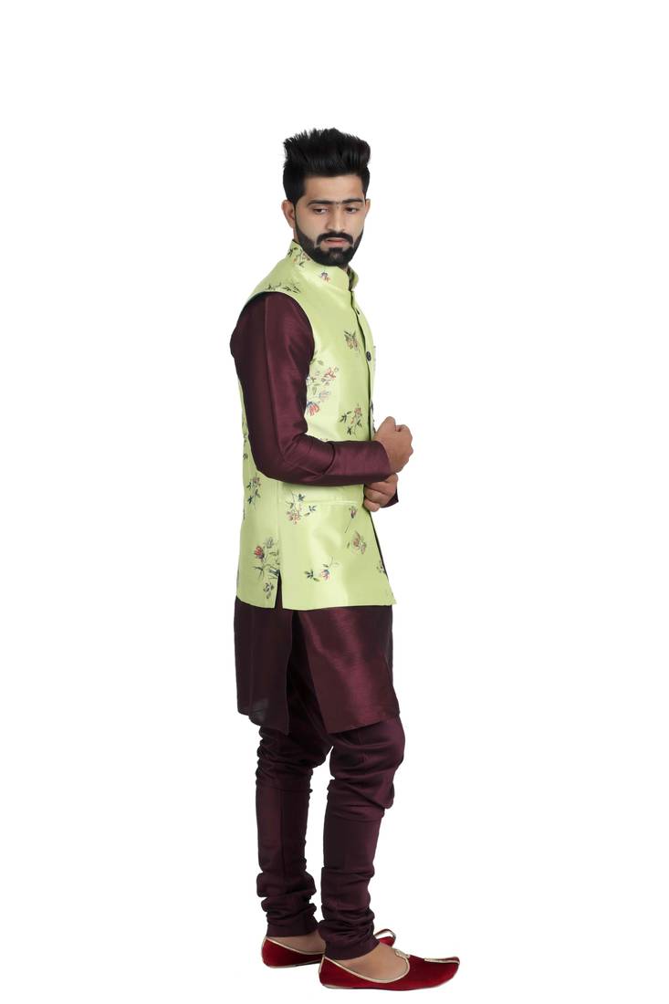 Green Satin Printed Nehru Style Jacket