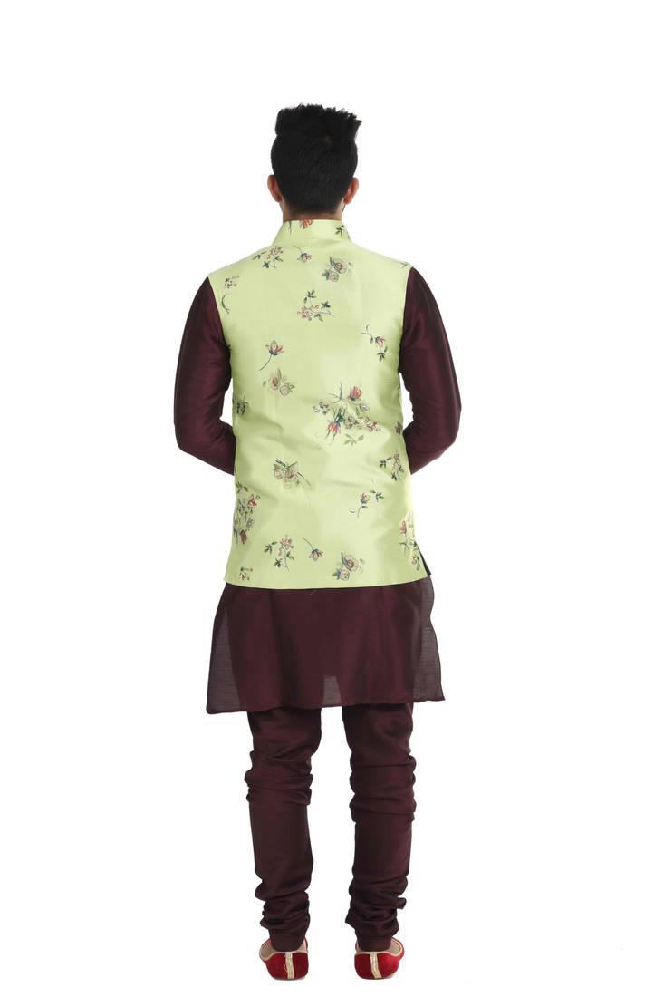 Green Satin Printed Nehru Style Jacket