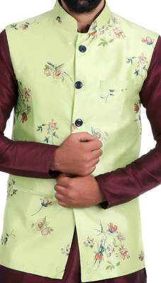 Green Satin Printed Nehru Style Jacket 4