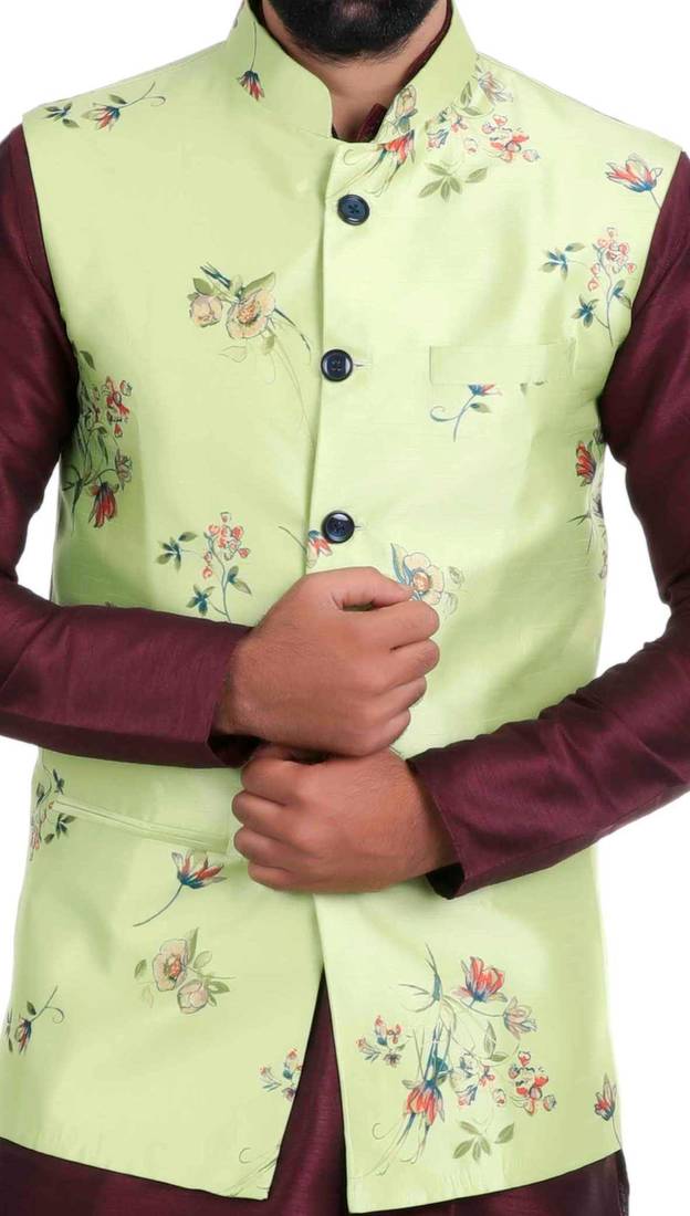 Green Satin Printed Nehru Style Jacket