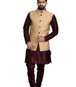 Gold Dupion Silk Printed Nehru Style Jacket