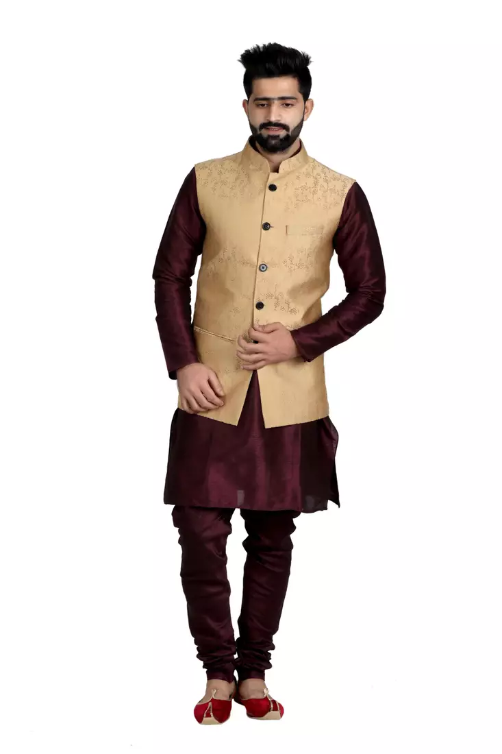 Gold Dupion Silk Printed Nehru Style Jacket