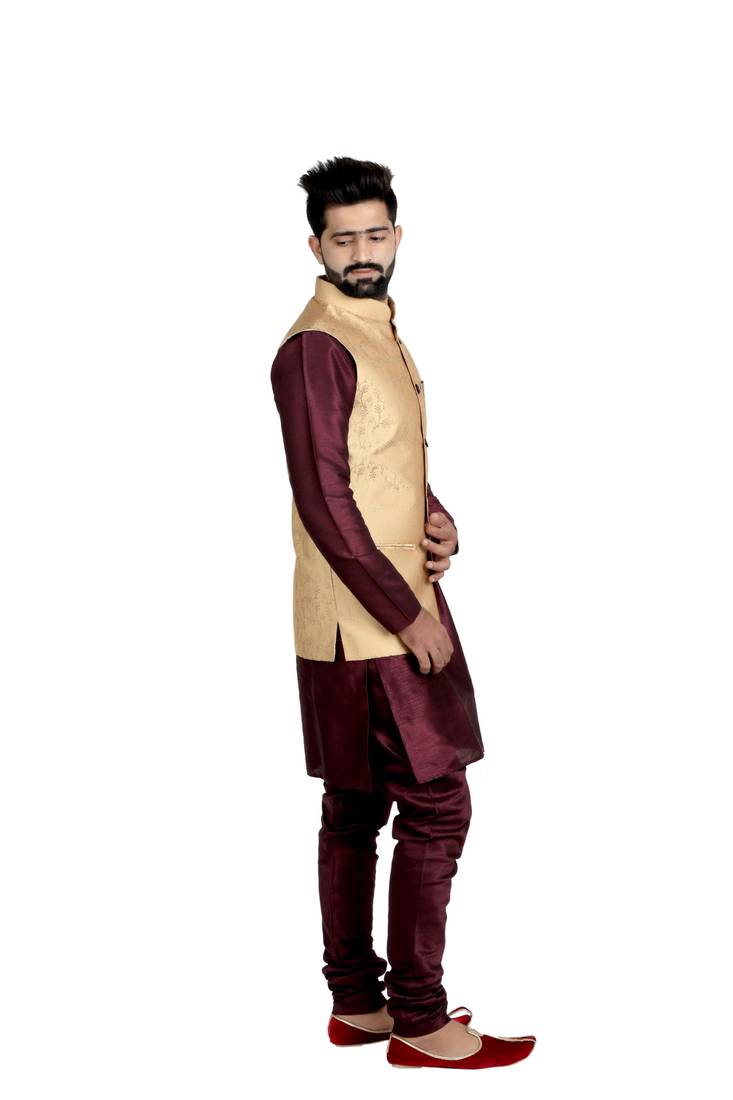 Gold Dupion Silk Printed Nehru Style Jacket