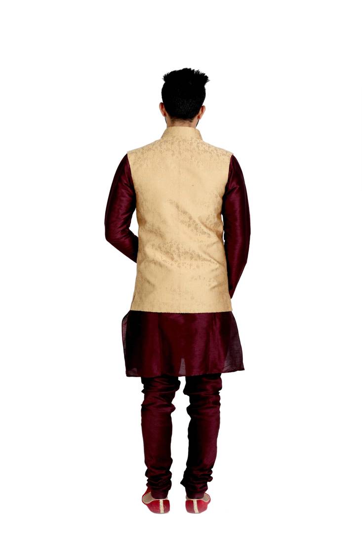 Gold Dupion Silk Printed Nehru Style Jacket