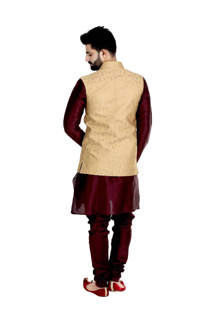 Gold Dupion Silk Printed Nehru Style Jacket