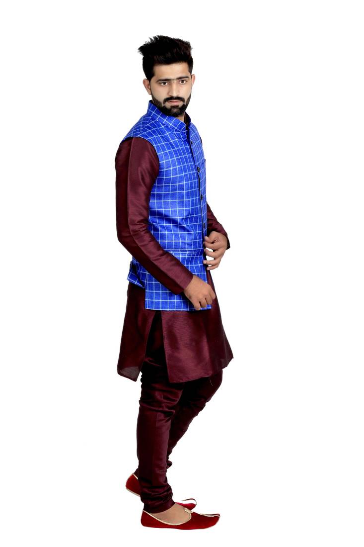 Blue Jute Printed Nehru Style Jacket