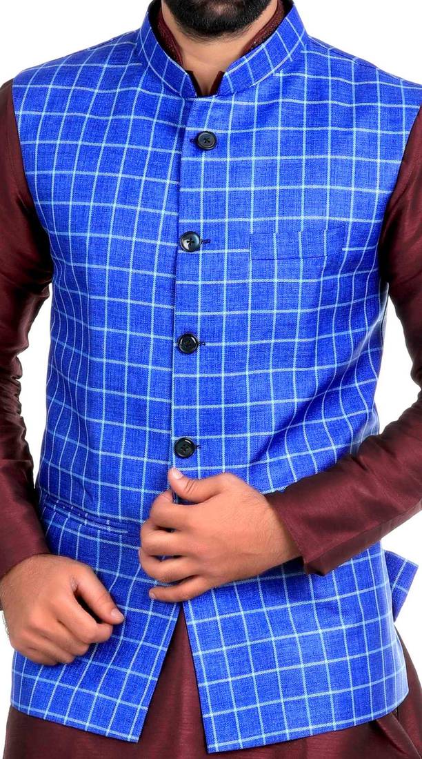 Blue Jute Printed Nehru Style Jacket