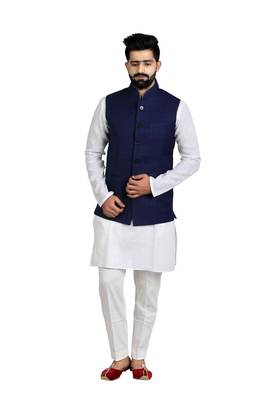 Blue Cotton Poly Printed Nehru Style Jacket 1