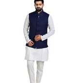 Blue Cotton Poly Printed Nehru Style Jacket