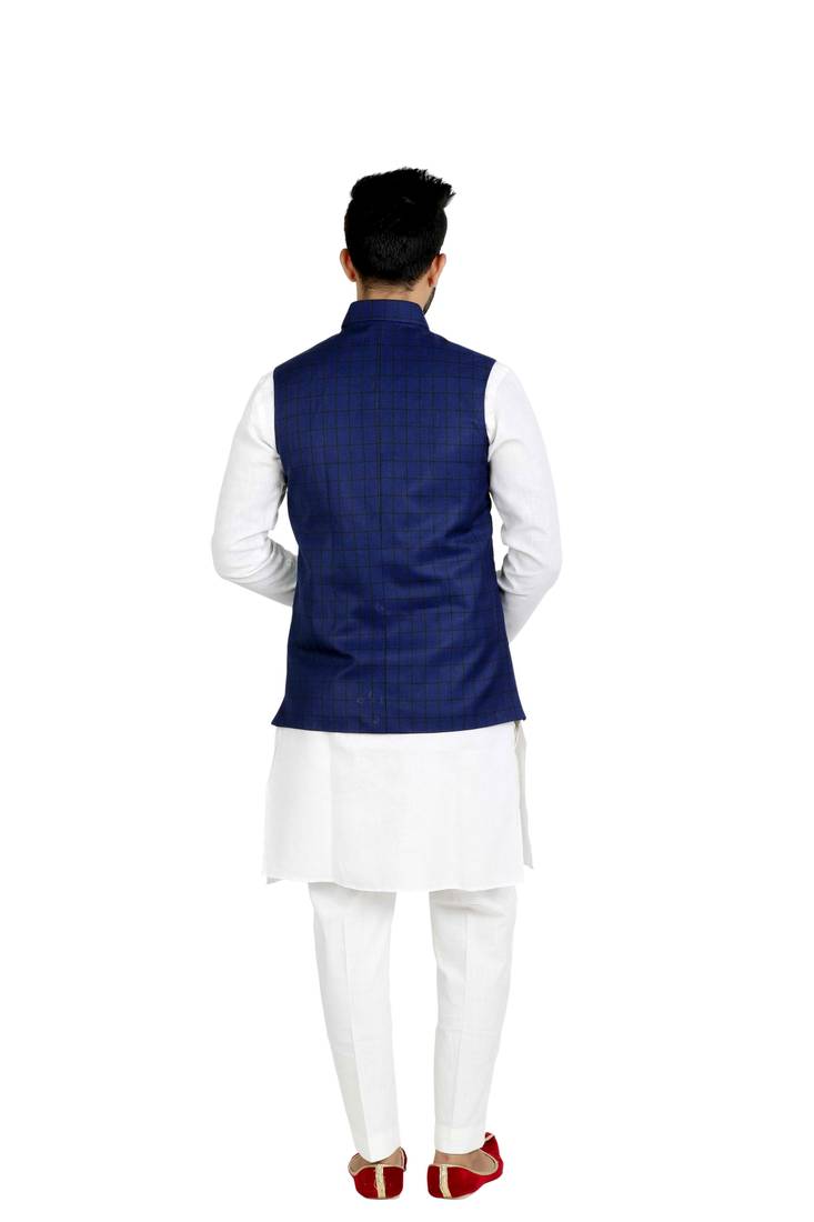 Blue Cotton Poly Printed Nehru Style Jacket