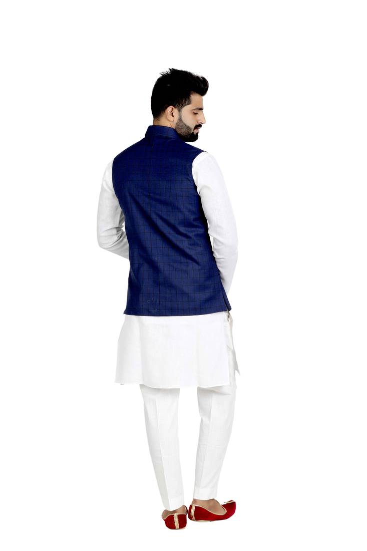 Blue Cotton Poly Printed Nehru Style Jacket