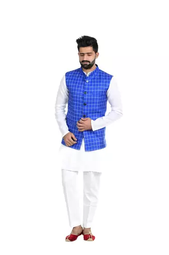 Blue Jute Printed Nehru Style Jacket